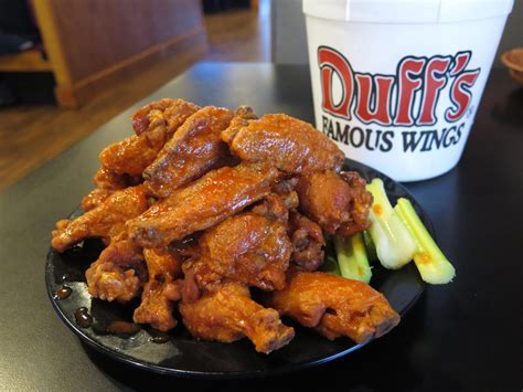 Duff's wings - Duff's Wings With celery, carrots & Duff's blue cheese. 5 Famous Wings. $11.99. 10 Famous Wings. $20.39. 20 Famous Wings. $37.19. 30 Famous Wings. $52.79. 50 Famous Wings. $79.19. Boneless Wings Boneless Wings w Fries. All white meat chicken bites (5-8) with your choice of sauce. Served with fries, celery and Duff's Bleu cheese.